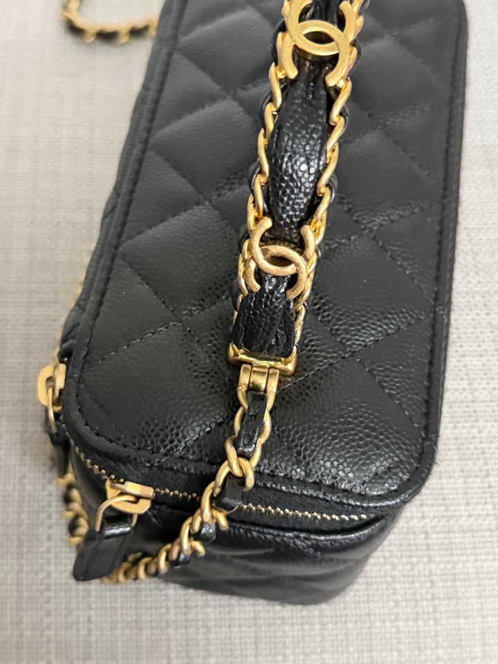 CHANEL Black Caviar Metal Top Handle Small Vanity with Chain 2025 Aged GHW