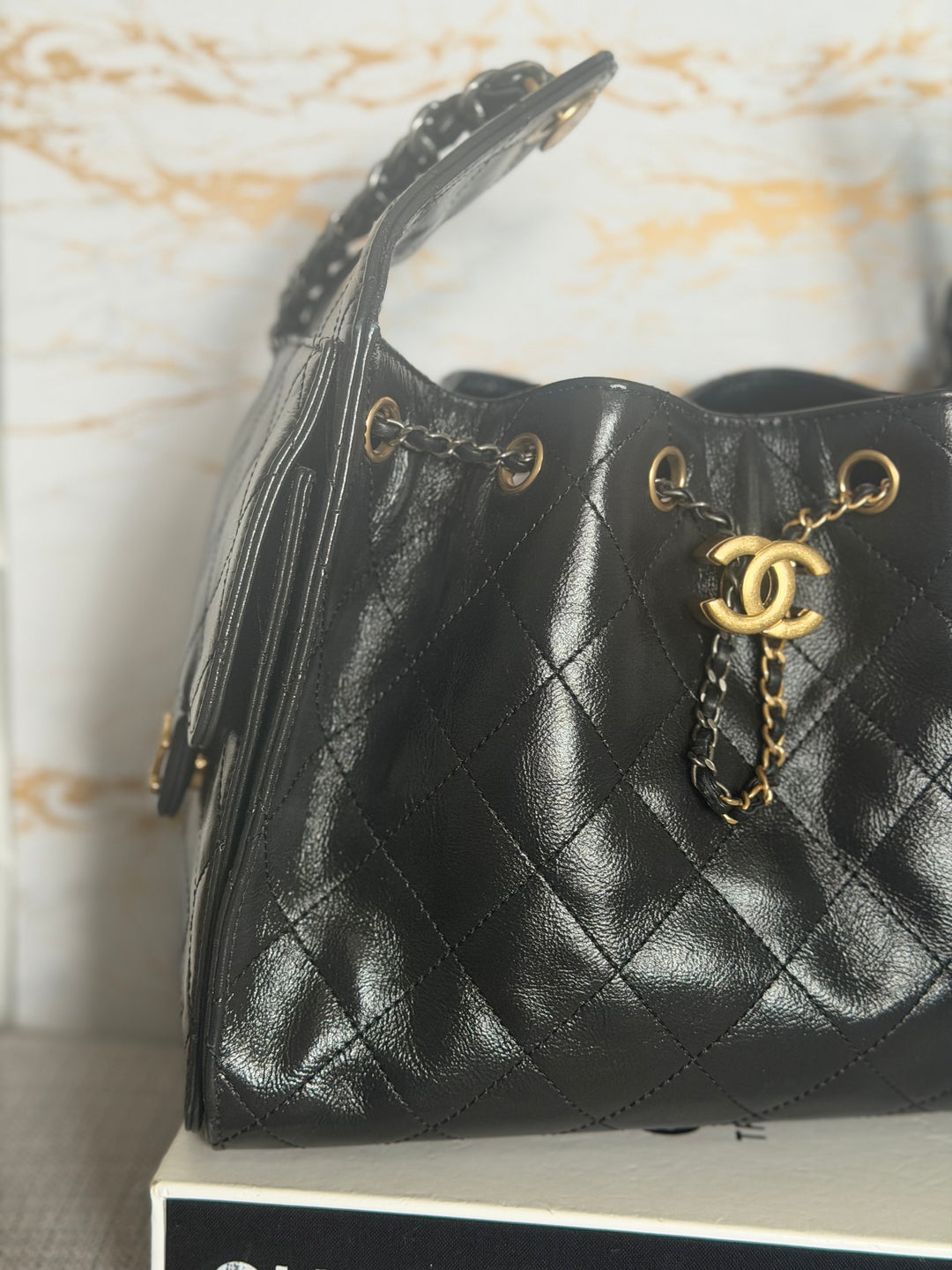 CHANEL Black Shiny Calf Skin Mixed Hardware 25 Hobo Bag size SMALL 2025/2026