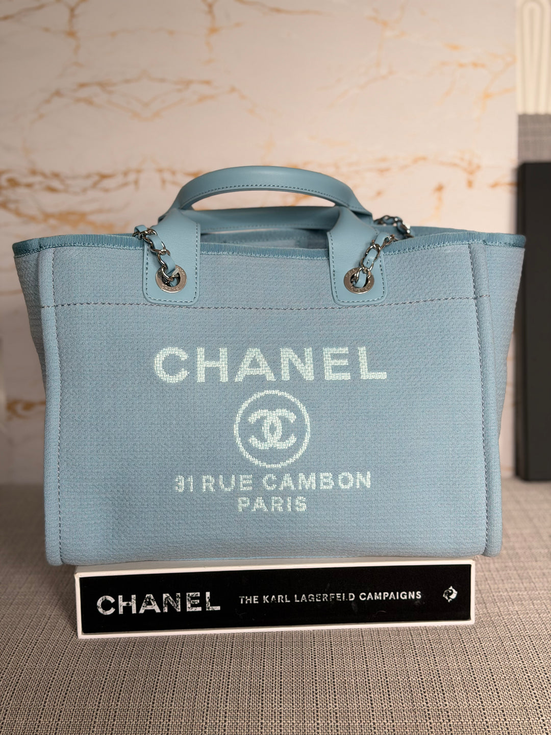 CHANEL Blue Tweed Deauville Tote Bag size SMALL with leather top handle SHW 2022