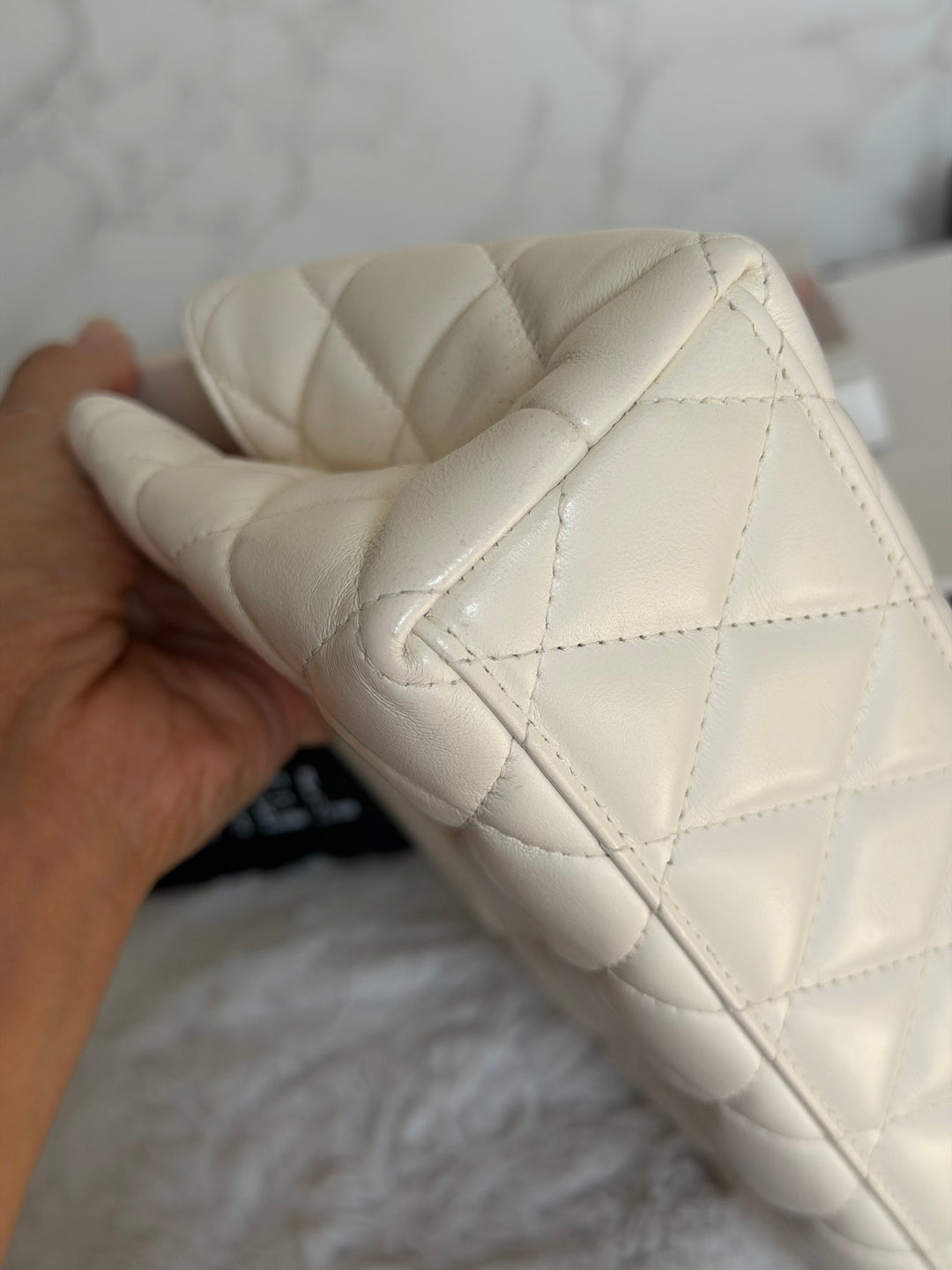 CHANEL White Calf skin Aged GHW Kelly Shopping Bag Size Small 2026