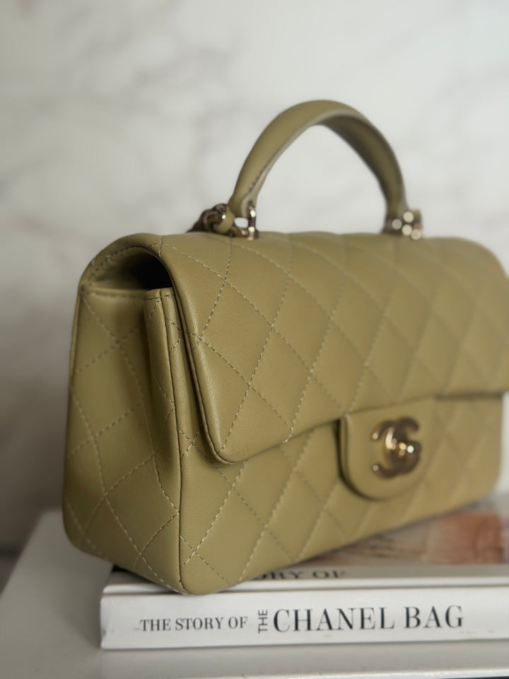 CHANEL 23A Pistachio Green Lambskin LGHW Mini Rectangular Flap Bag with Top Handle 2023