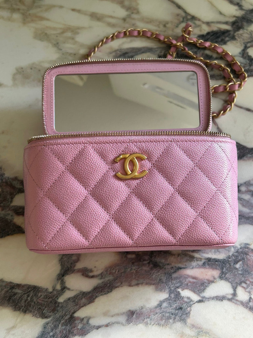 CHANEL 22S Mauve Pink Caviar Aged GHW SMALL Vanity with Metal and Leather top handle 2022