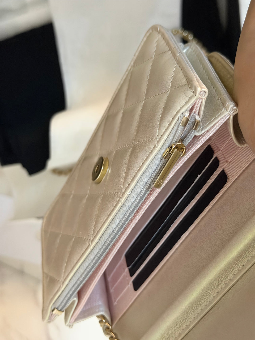 CHANEL series 31 20B Ivory Calf Skin LGHW Mini Wallet on Chain (WOC) 6 inches