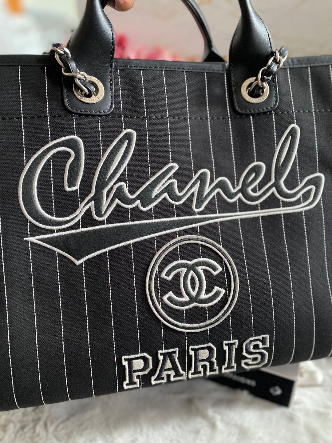 Chanel 23P 2023 collection in Black/White Stripe Canvas Deauville Tote with Top Handle and detachable pouch size Medium (15 inches)
