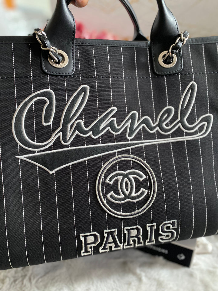 Chanel 23P 2023 collection in Black/White Stripe Canvas Deauville Tote with Top Handle and detachable pouch size Medium (15 inches)