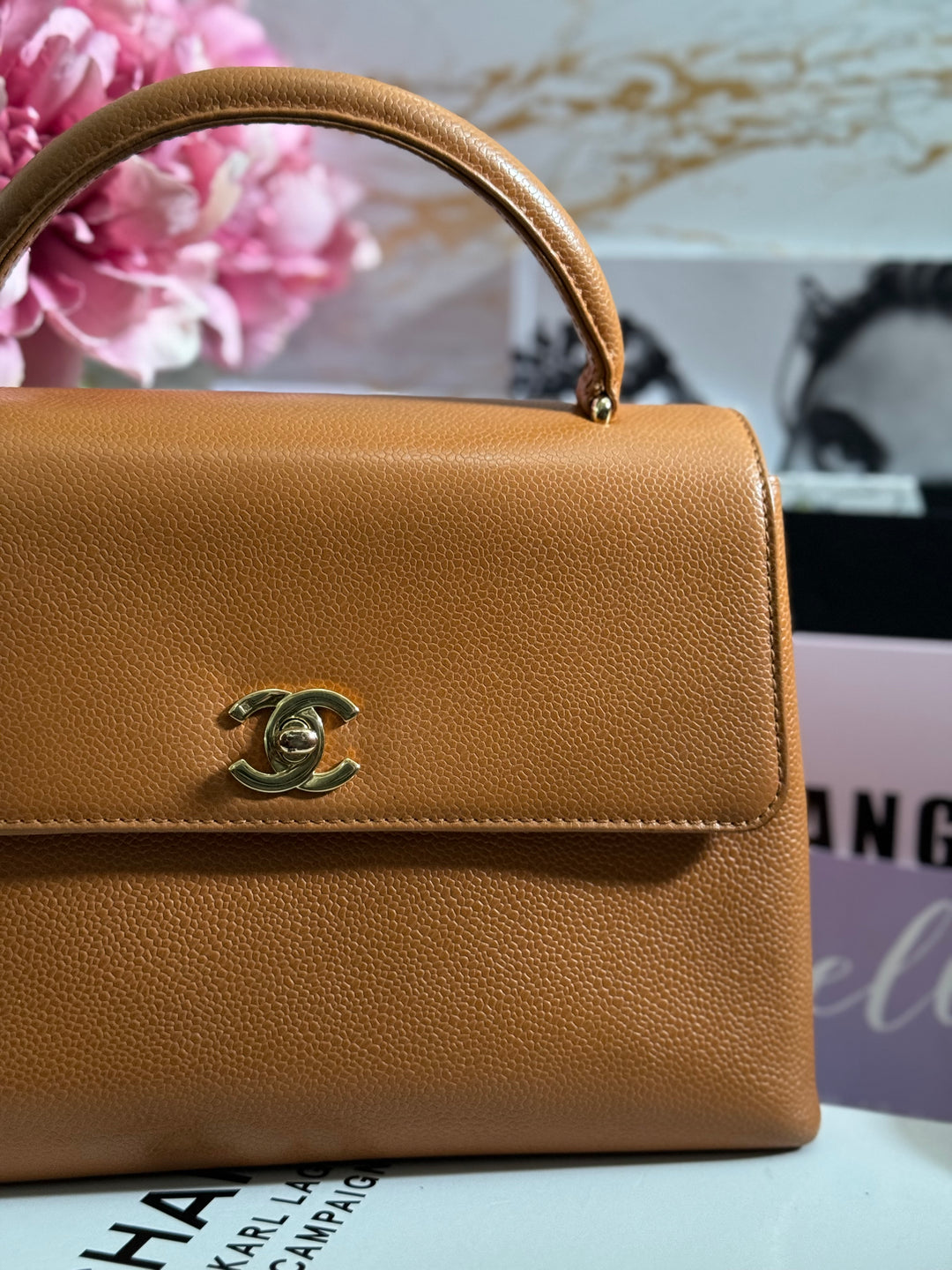 Chanel series 5 circa 1999 Kelly Top Handle Flap 24K GHW in Orange Caviar A12391