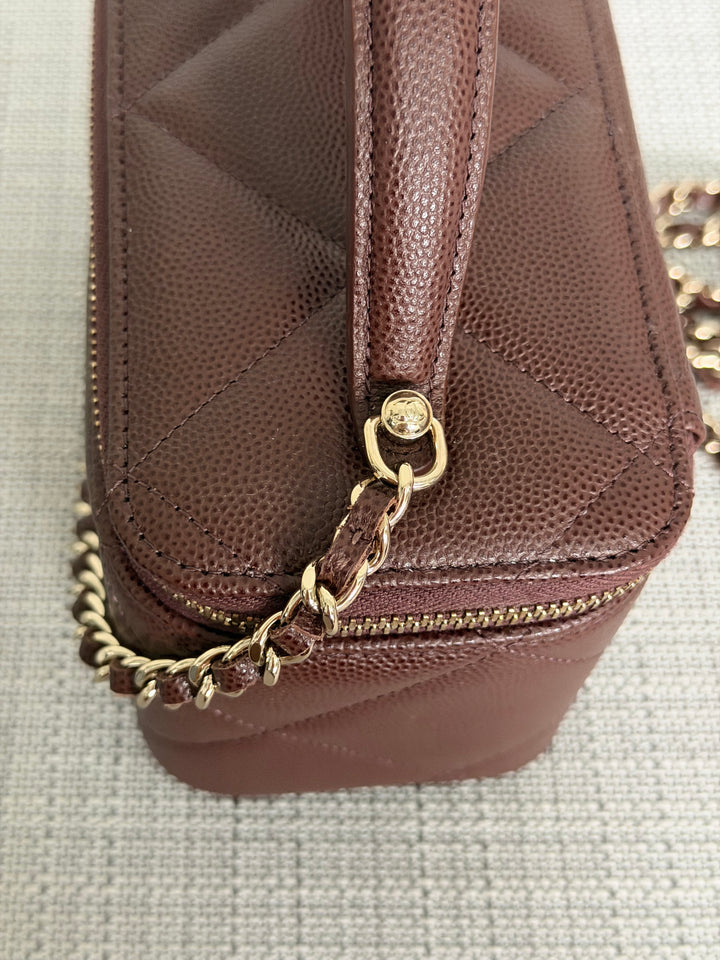 CHANEL 25K 2025 collection Brown Caviar LGHW Leather Top Handle Small Vanity with Chain