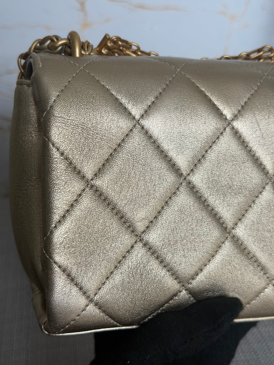 CHANEL Gold Metallic Lambskin CC Crystal Logo Chain Flap Bag 2022