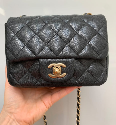 Chanel Classic Mini Rectangular 17C Black Quilted Caviar with light