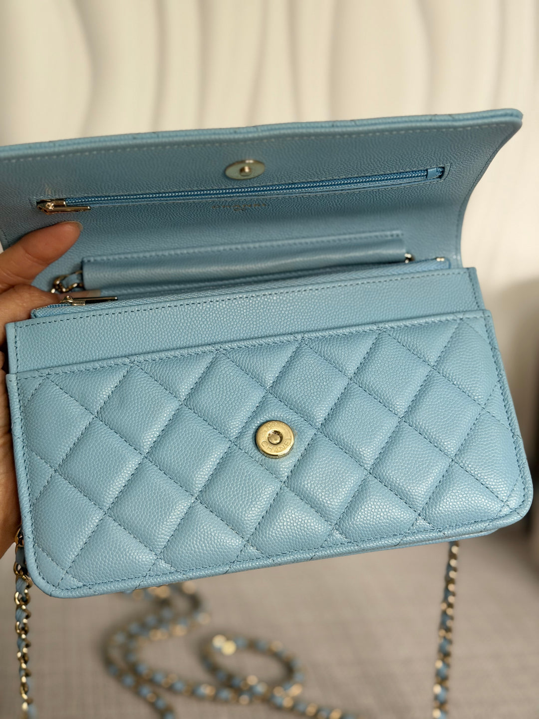 CHANEL 22S Collection 2022 Baby Blue/ Light Blue Caviar LGHW Classic Wallet on chain (WOC)