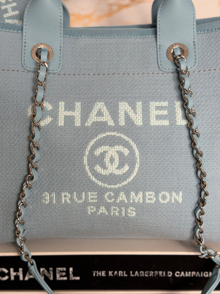 CHANEL Blue Tweed Deauville Tote Bag size SMALL with leather top handle SHW 2022