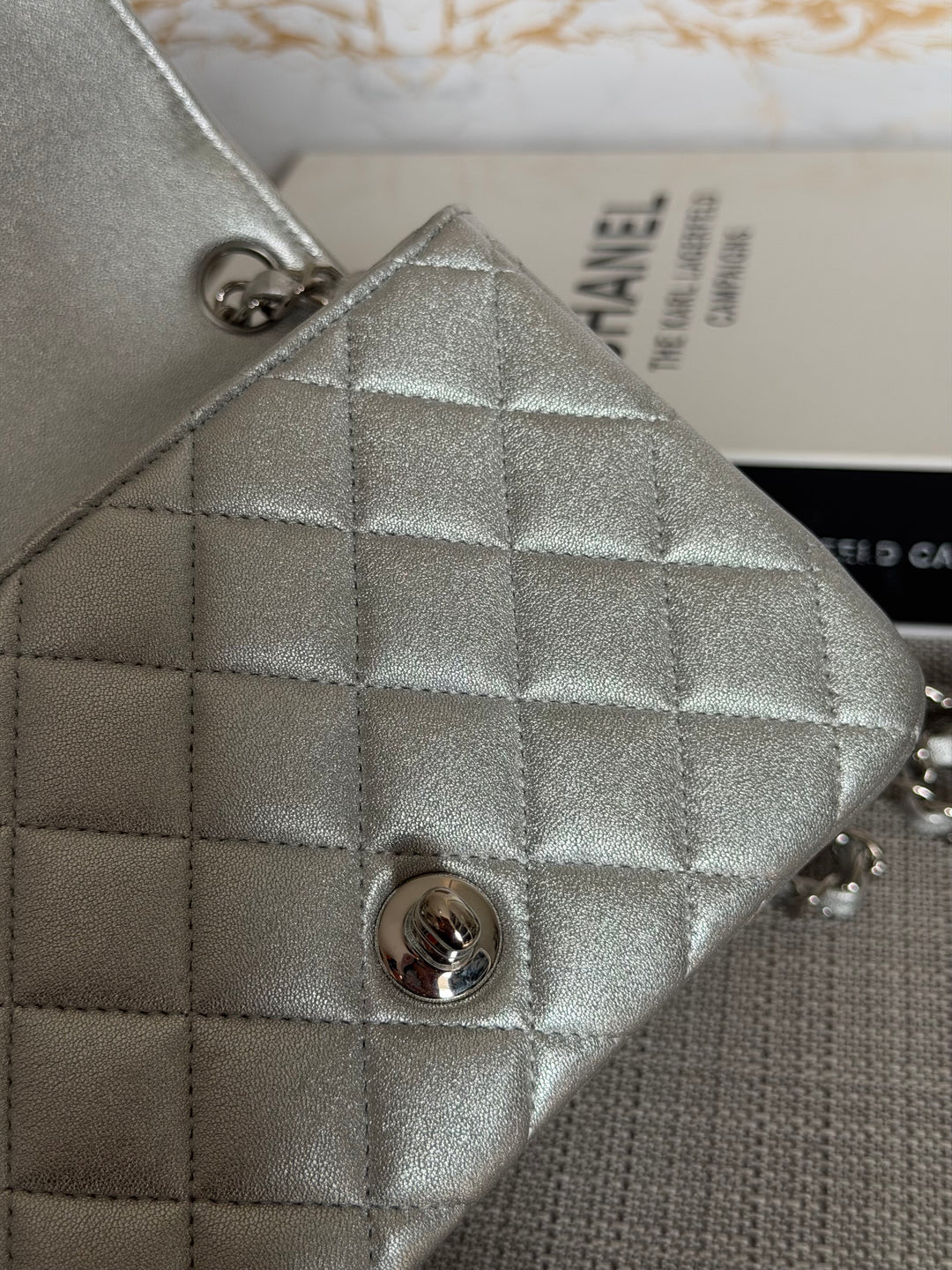 CHANEL Metallic Silver Lambskin SHW Square Mini Flap Bag 2021 21P collection series 31