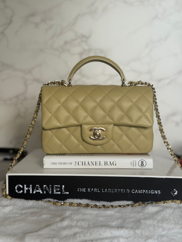 CHANEL 23A Pistachio Green Lambskin LGHW Mini Rectangular Flap Bag with Top Handle 2023
