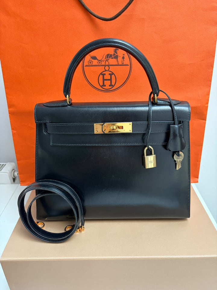WA/Email to purchase only- HERMÈS Kelly 28 Vintage in Black 89 Noir 89 Box Leather GHW Stamp U in circle 1991