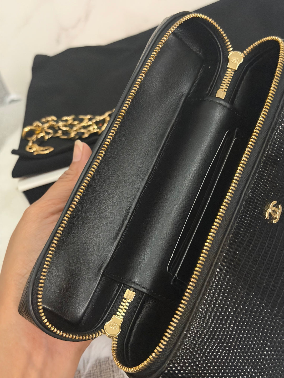 CHANEL Black Lizard Embossed Calf Skin GHW LP Long Vanity with top handle 26A 2026