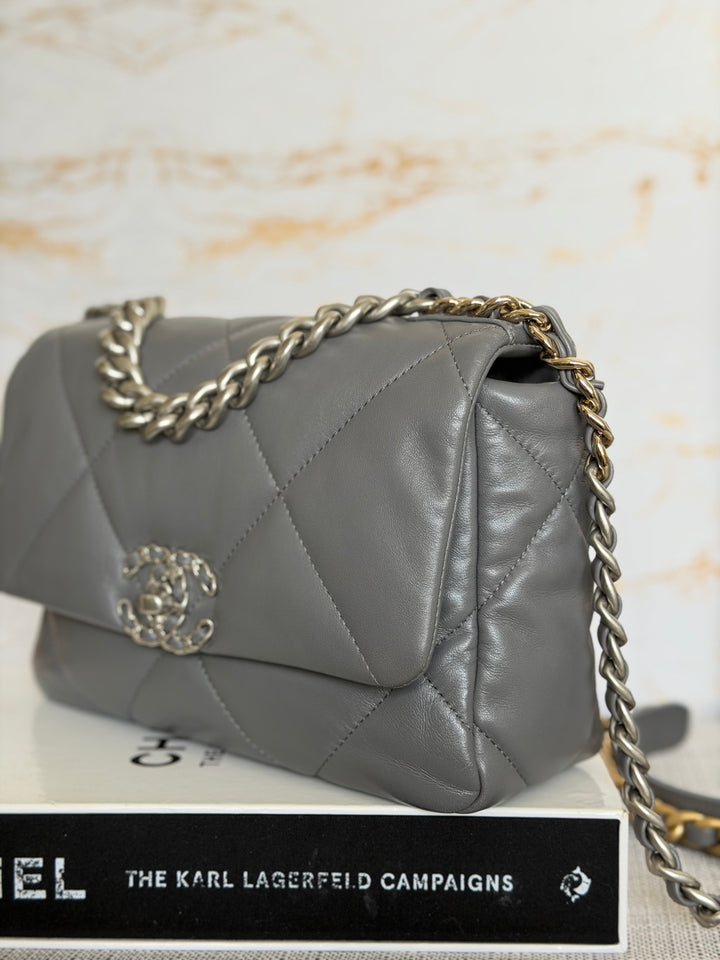 CHANEL Dark Grey Lambskin 19 Size SMALL/MEDIUM Mixed HW Flap Bag 2022 Microchipped