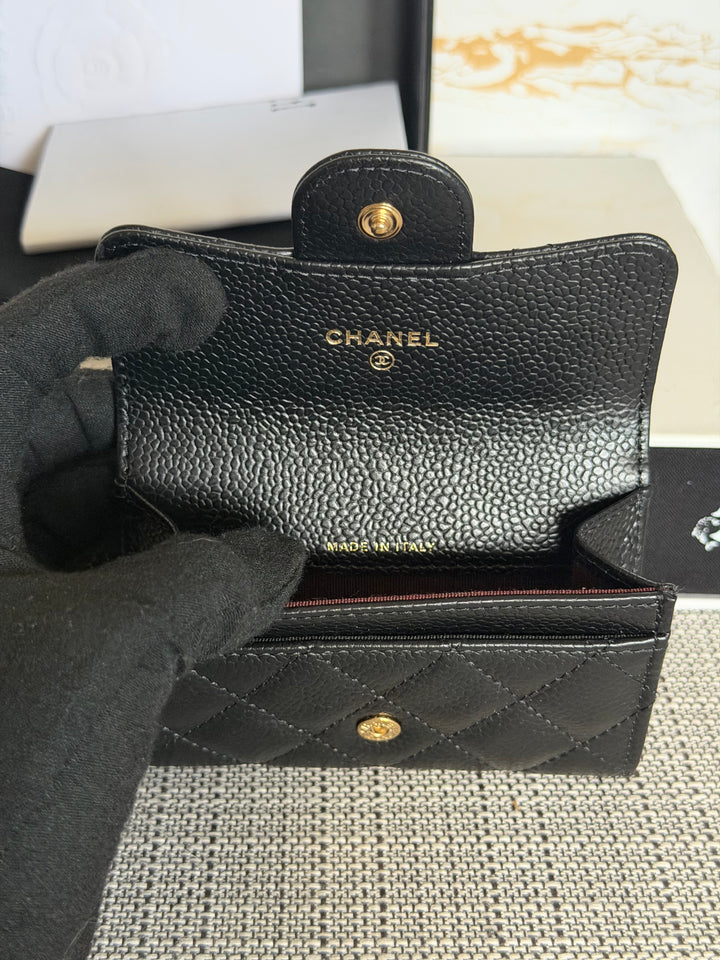 CHANEL Black Caviar LGHW Classic Flap Snap Card Holder
