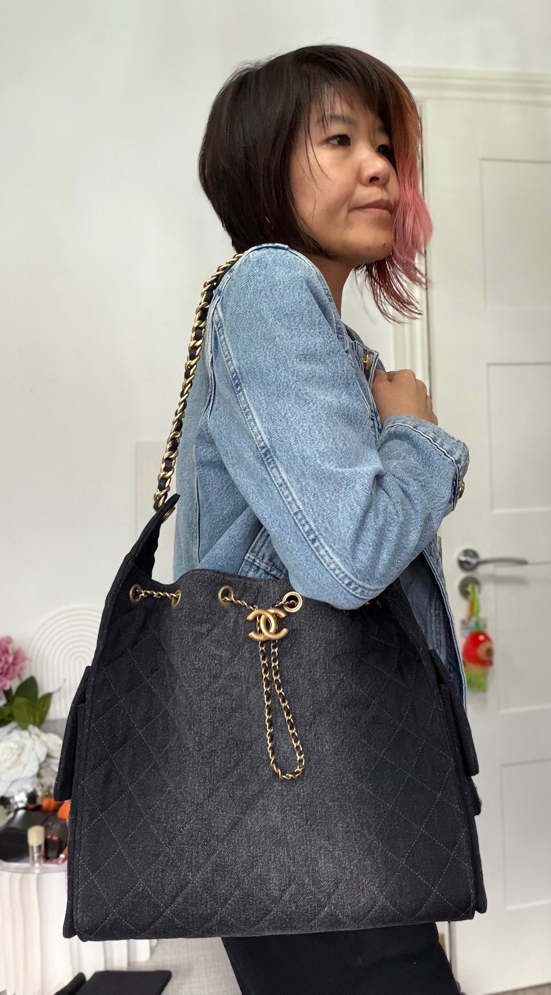 CHANEL 25S 2025 Black Denim Medium 25 Hobo Bag with Detachable Pouch Aged GHW