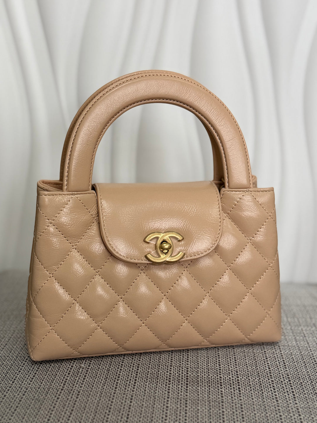 CHANEL 25C Powder Beige Calf Skin aged GHW Kelly Nano Shopping Bag Size Small 19 cms