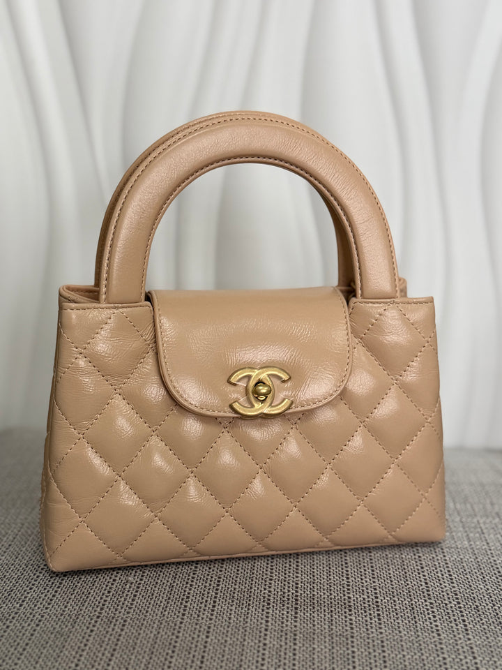 CHANEL 25C Powder Beige Calf Skin aged GHW Kelly Nano Shopping Bag Size Small 19 cms
