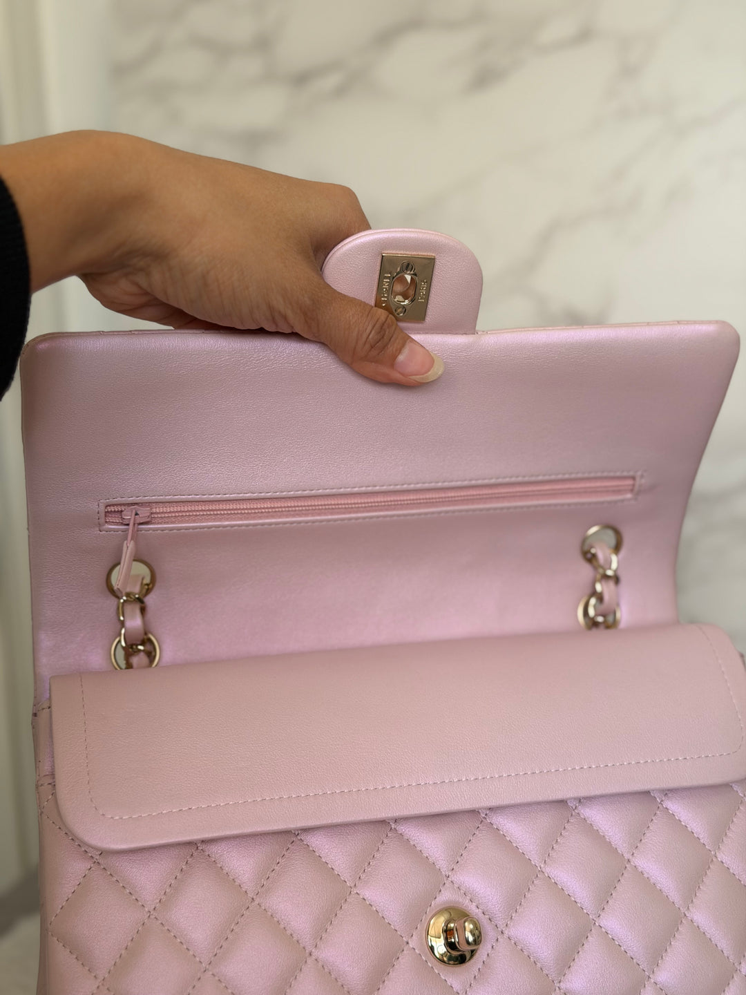 CHANEL 21S iridescent Pink Calf Skin LGHW Medium ML Timeless Classic Double Flap Bag series 31 2021