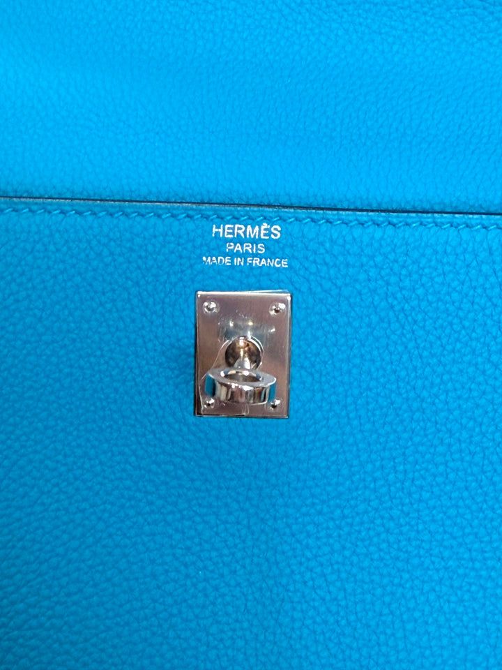HERMÈS Bleu Zanzibar Togo Leather PHW Kelly 25 Stamp A 2018