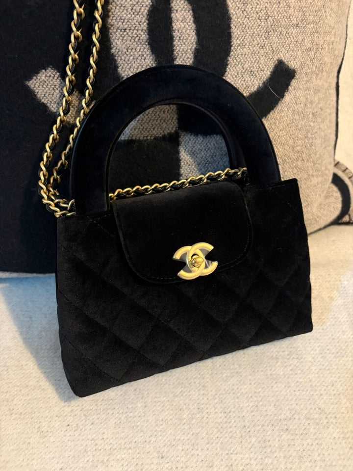 CHANEL Black Velvet Kelly Shopping Bag size SMALL aged GHW 19 cms fits iPhone pro Max 2025