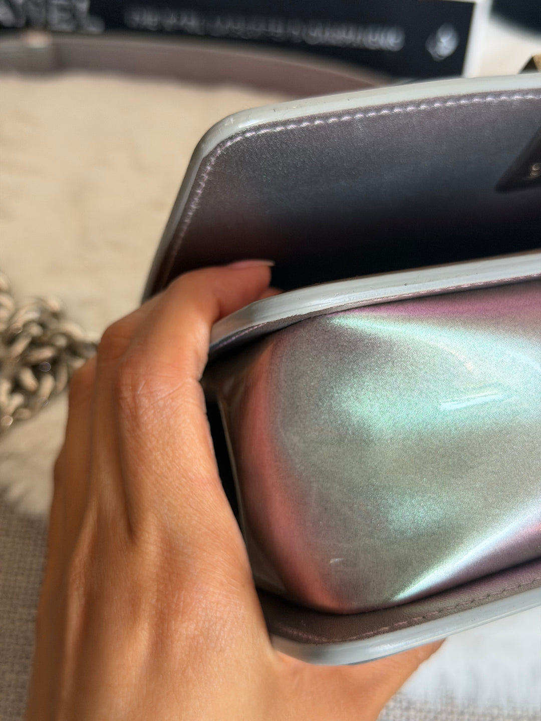 CHANEL 18S Iridescent Patent Calf Skin Purple Blue Mermaid Le Boy Flap Bag size Small