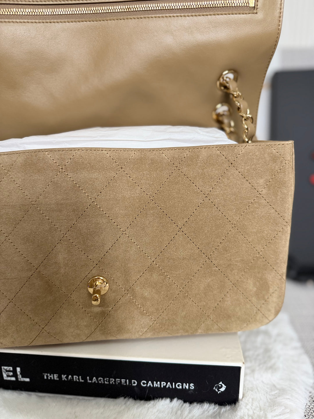 CHANEL 26S Beige Suede Leather LGHW Maxi Flap Bag 32 cms