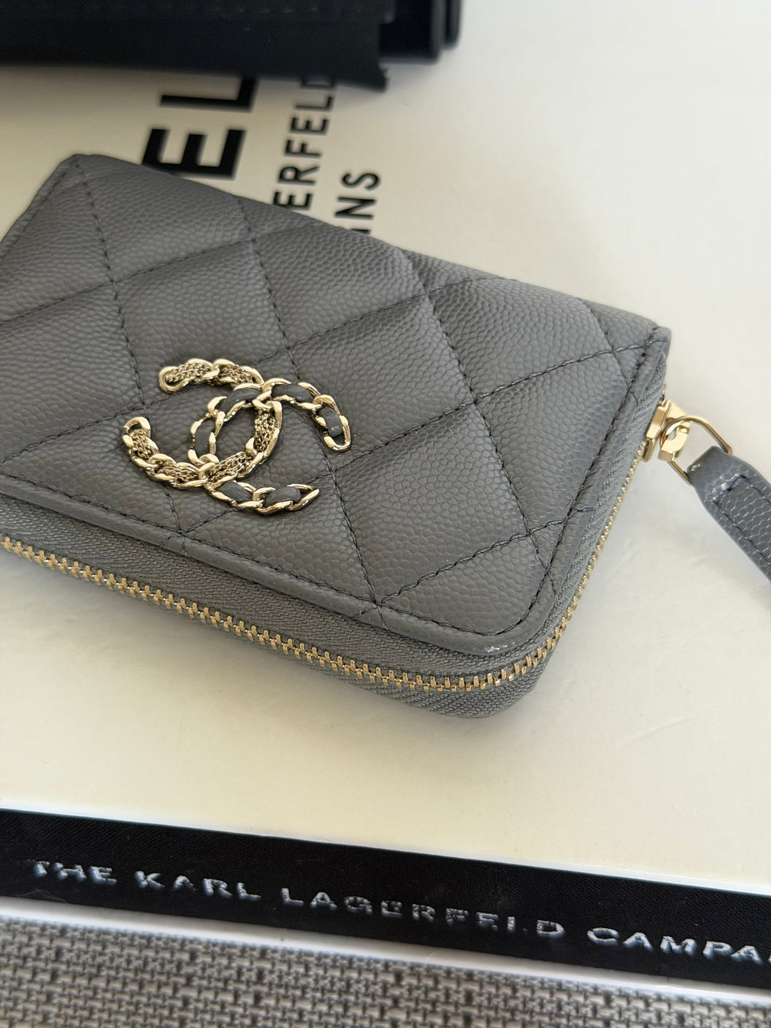 CHANEL 21K 2021 Grey Caviar Big Logo Zippy Coin Purse LGHW