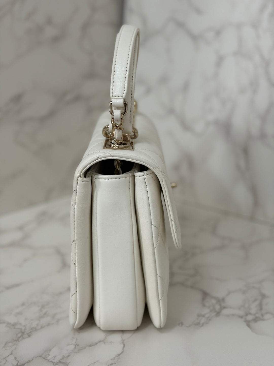 CHANEL 23S collection 2023 White Lambskin LGHW Trendy CC Flap Bag size Small with raised CHANEL Engraved Plate Top Handle