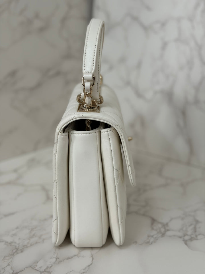 CHANEL 23S collection 2023 White Lambskin LGHW Trendy CC Flap Bag size Small with raised CHANEL Engraved Plate Top Handle