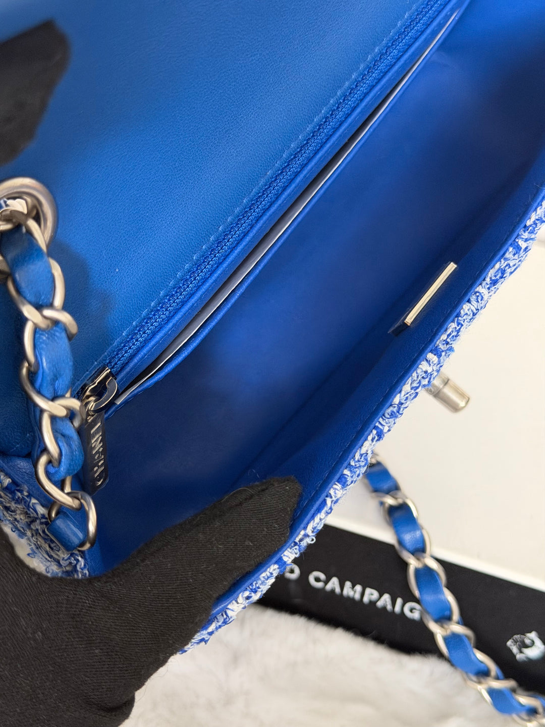 CHANEL 23P Cobalt Blue Muti Coloured Tweed Brushed SHW Mini rectangular flap bag 2023
