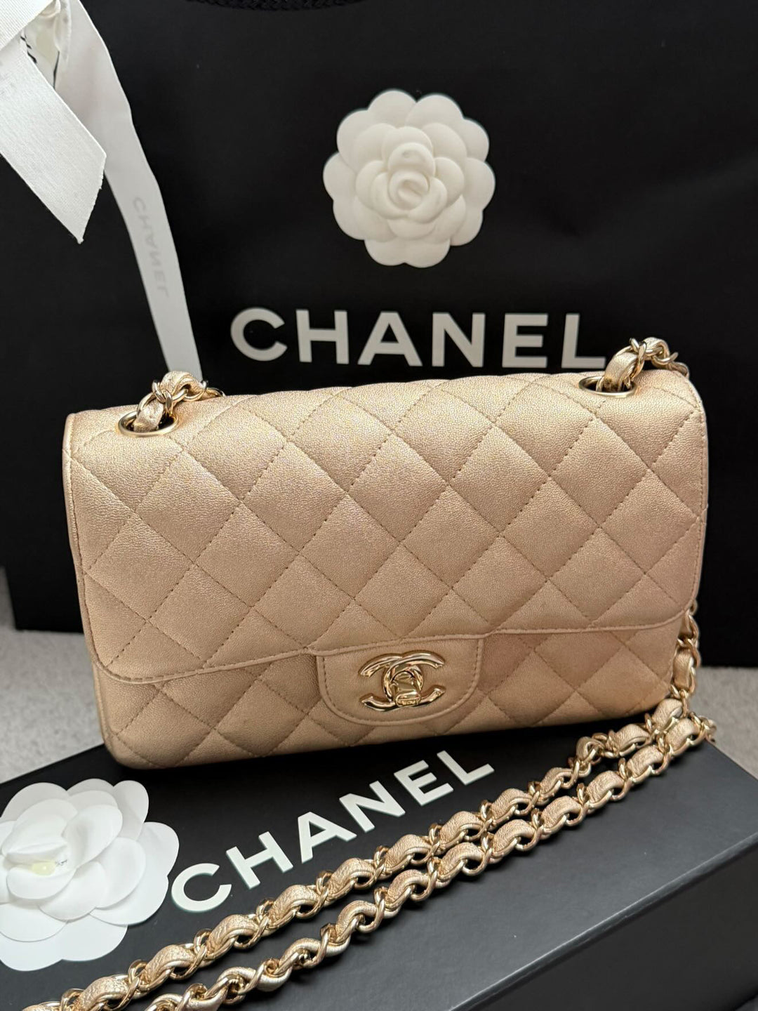 CHANEL series 31 21P Collection Iridescent Gold Lambskin LGHW Mini Rectangular Flap Bag 2021
