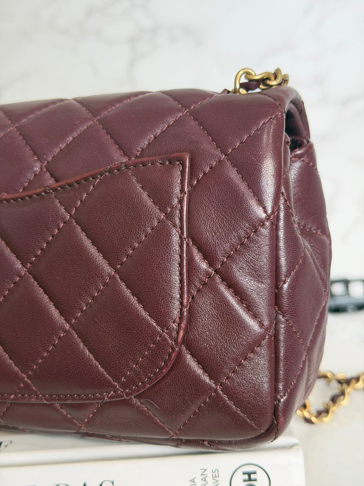 CHANEL 21B Burgundy Lambskin Aged GHW Pearl Crush Mini Rectangular Flap Bag 2021