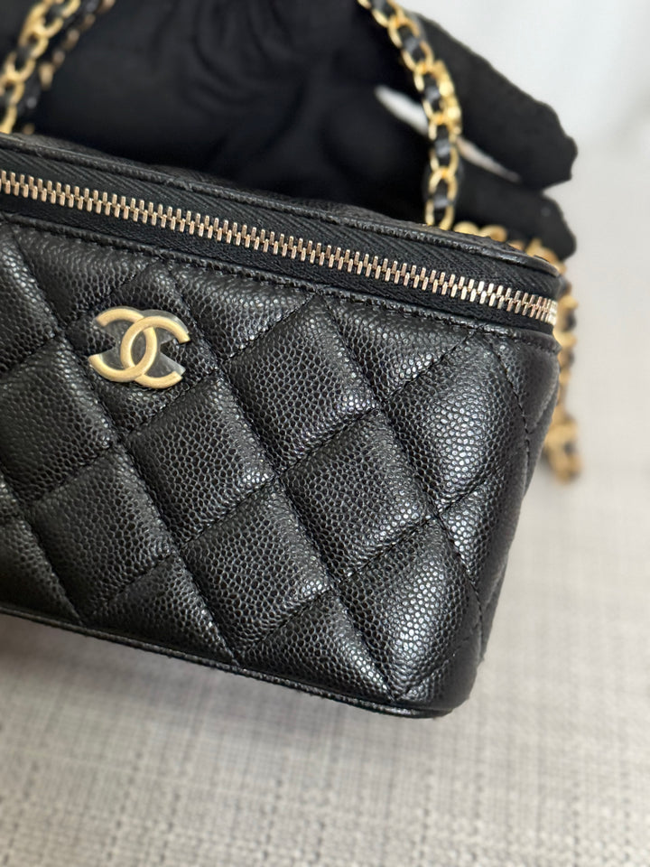 CHANEL Black Caviar Metal Top Handle Small Vanity with Chain 2025 Aged GHW