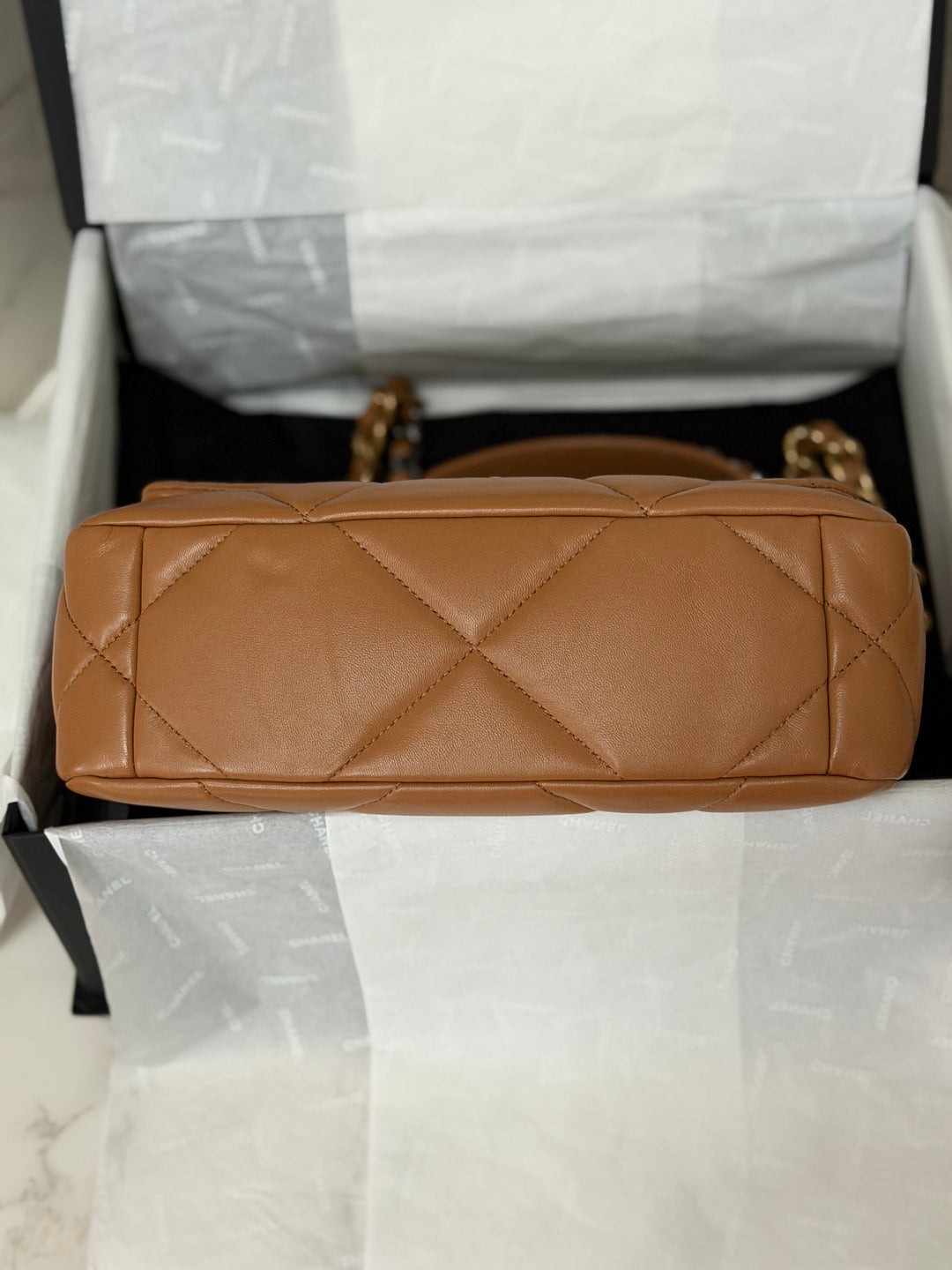 CHANEL Caramel Brown Lambskin Mixed Hardware 19 Size Small Medium Flap bag from 2022