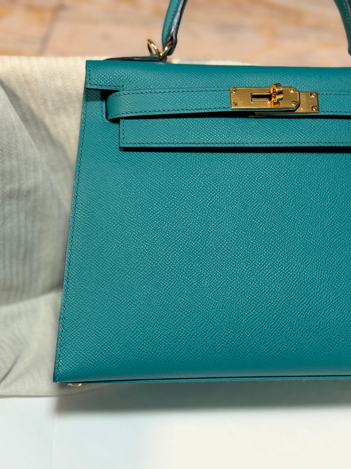 Hermes Kelly 28 Sellier Epsom Leather SO Bleu Paon GHW Stamp D 2019