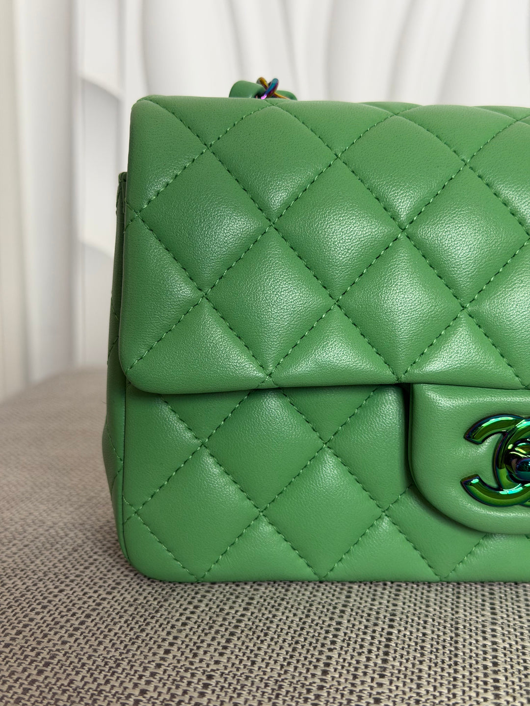 CHANEL series 31 21P Two Tone Green Blue Lambskin Rainbow Iridescent Hardware Mini Rectangular Flap Bag 2021