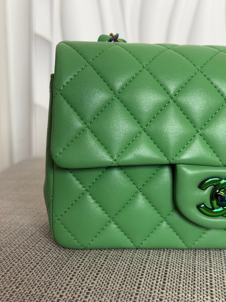 CHANEL series 31 21P Two Tone Green Blue Lambskin Rainbow Iridescent Hardware Mini Rectangular Flap Bag 2021