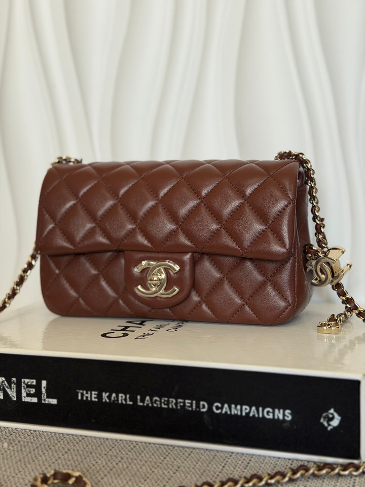 CHANEL 26S Brown Lambskin Adjustable Chain LGHW Mini Rectangular Flap Bag 2026