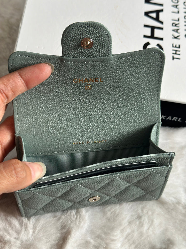 Chanel Sage caviar LGHW Classic Flap Snap Card Holder