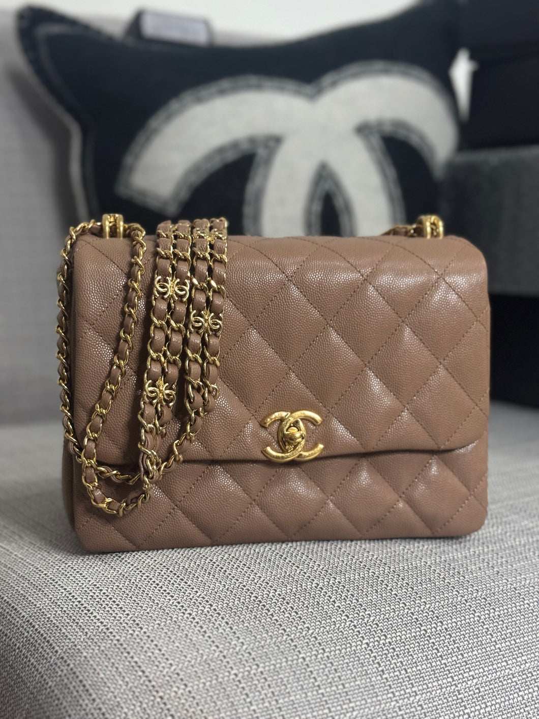 Chanel 22K 2022 Fall/Winter collection Dark Beige caviar Aged GHW Coco First Flap Bag in Small (9 in)