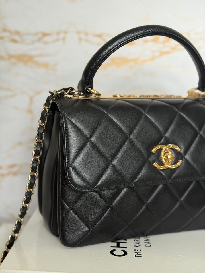 CHANEL Black Lambskin LGHW Trendy CC Flap Bag size SMALL with Non detachable Shoulder strap 2023