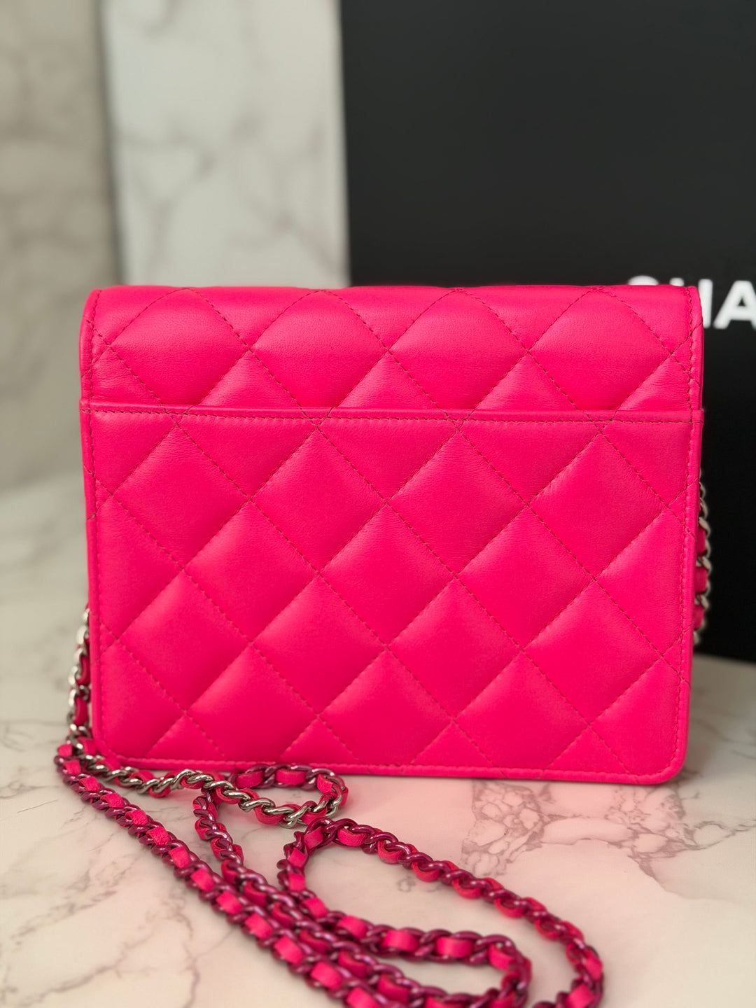 CHANEL 24C 2023/2024 Bright Hot Pink Ombré Hardware Square Wallet on Chain (WOC)
