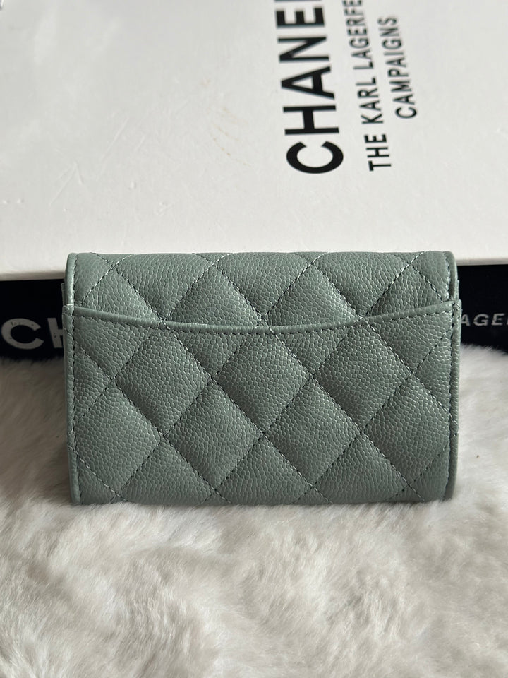 Chanel Sage caviar LGHW Classic Flap Snap Card Holder