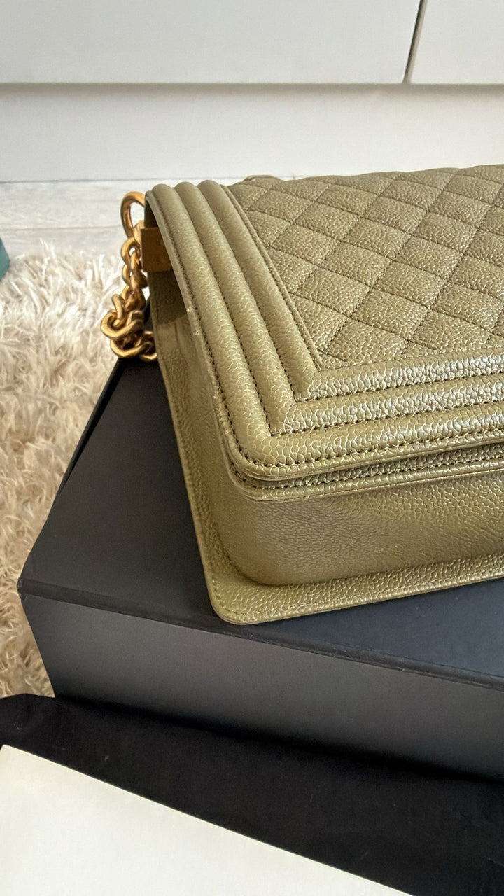 CHANEL series 23 Khaki Green Caviar with Pink lining NEW Medium Le Boy Flap Bag 2016