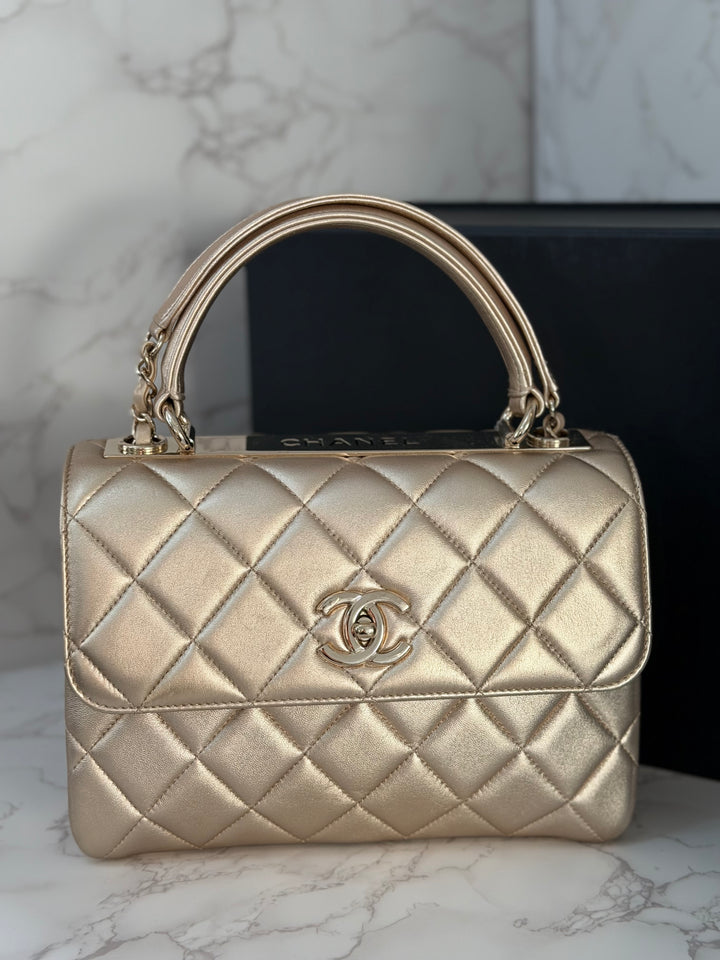 CHANEL series 30 Metallic Gold Lambskin LGHW Trendy CC top Handle Bag with non detachable Strap size SMALL 2020