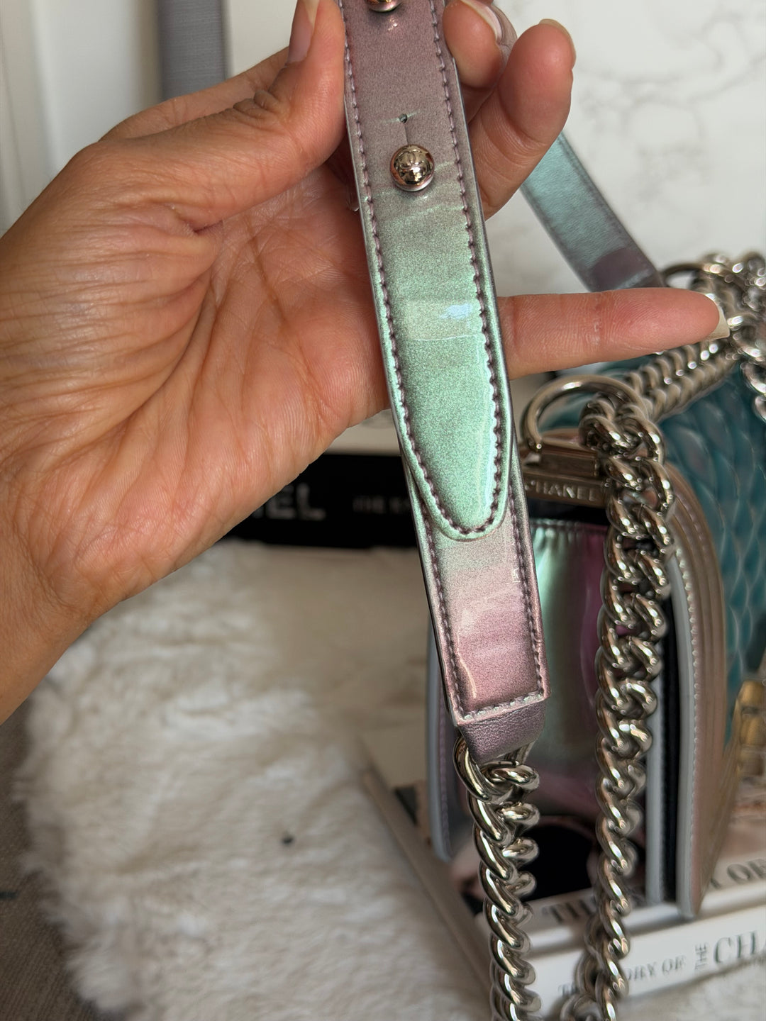 CHANEL 18S Iridescent Patent Calf Skin Purple Blue Mermaid Le Boy Flap Bag size Small