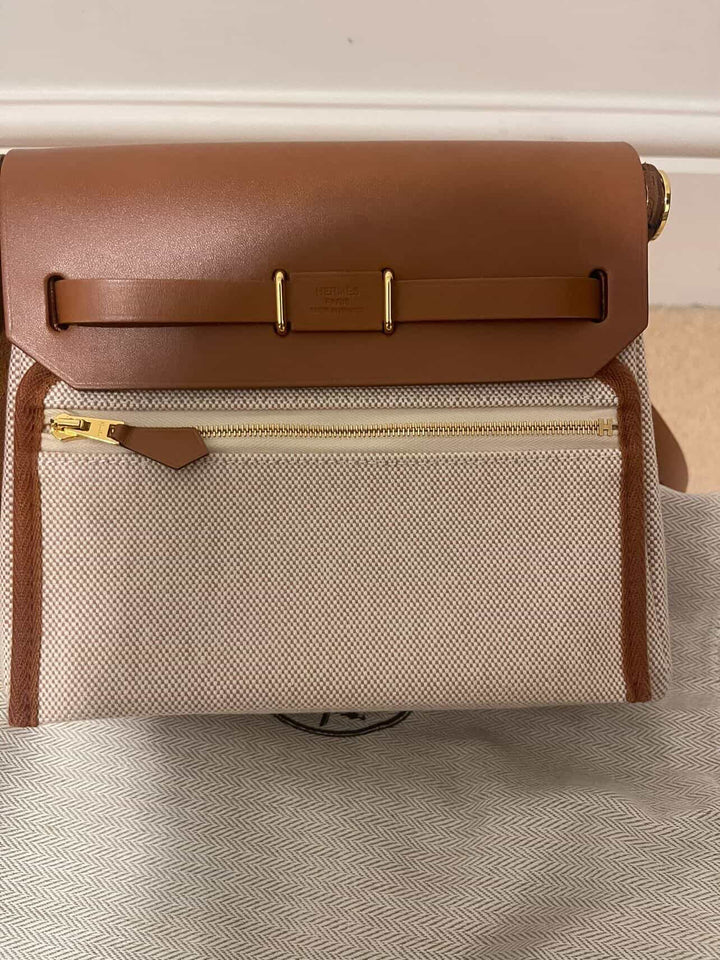 Hermes Herbag 20 Zip Ecru/Fauve Toile H Vache Hunter Leather Size Mini